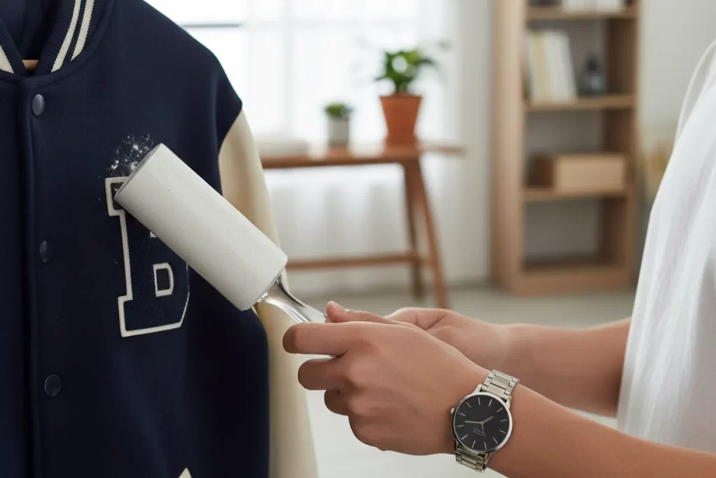 Persona realizando limpieza y mantenimiento de una chamarra de paño usando un rodillo quita pelusa para cuidar el tejido