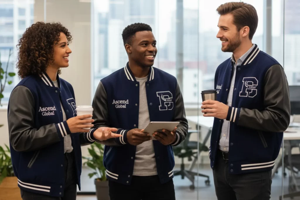 Equipo de trabajo joven en oficina moderna vistiendo chamarras corporativas estilo varsity de Identi.